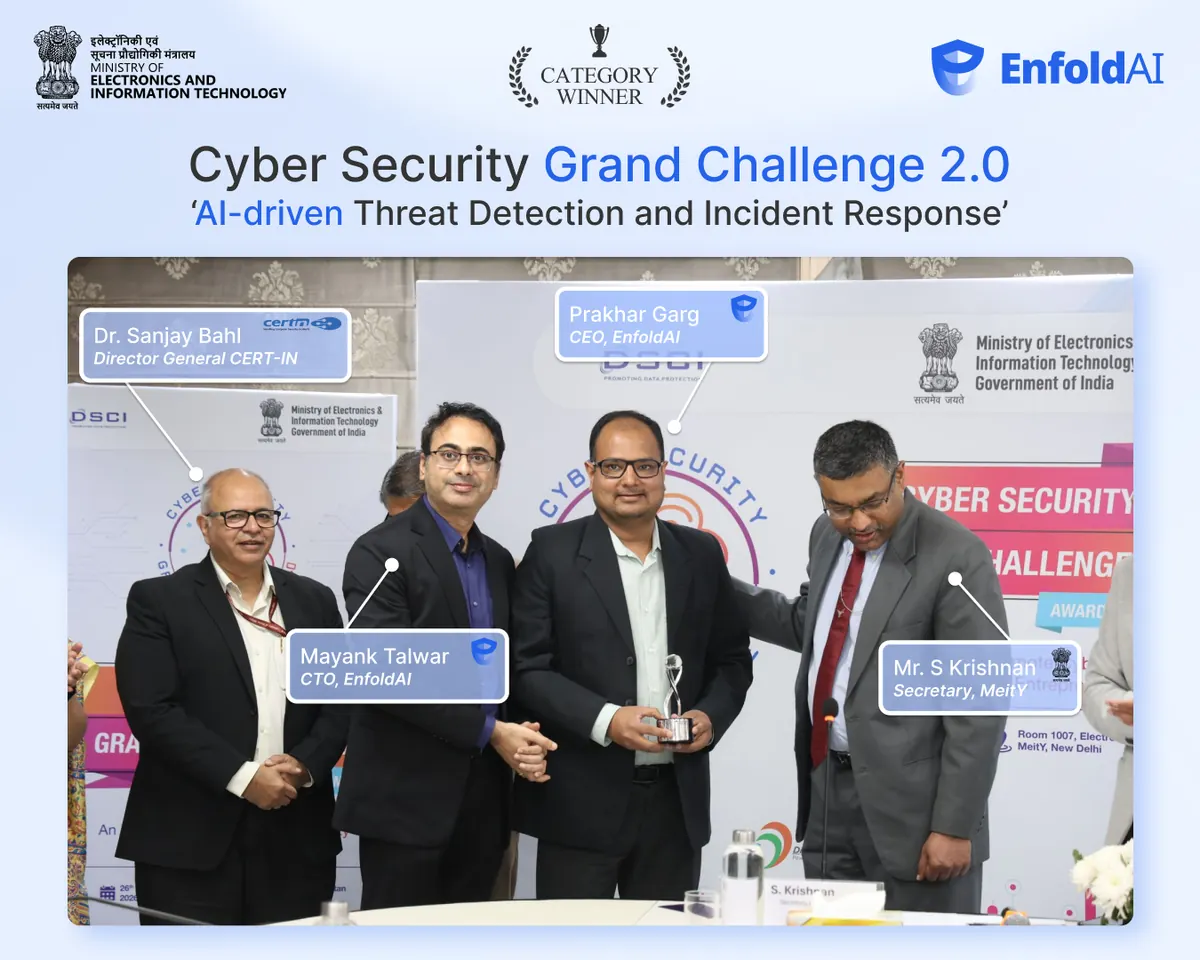 EnfoldAI named a Category Winner of the Cyber Security Grand Challenge 2.0, for AI-driven threat detection and incident response. Co-founders Prakhar Garg and Mayank Talwar receive the award from S Krishnan, Secretary of MeitY, with Dr Sanjay Bahl, Director General of CERT-In.