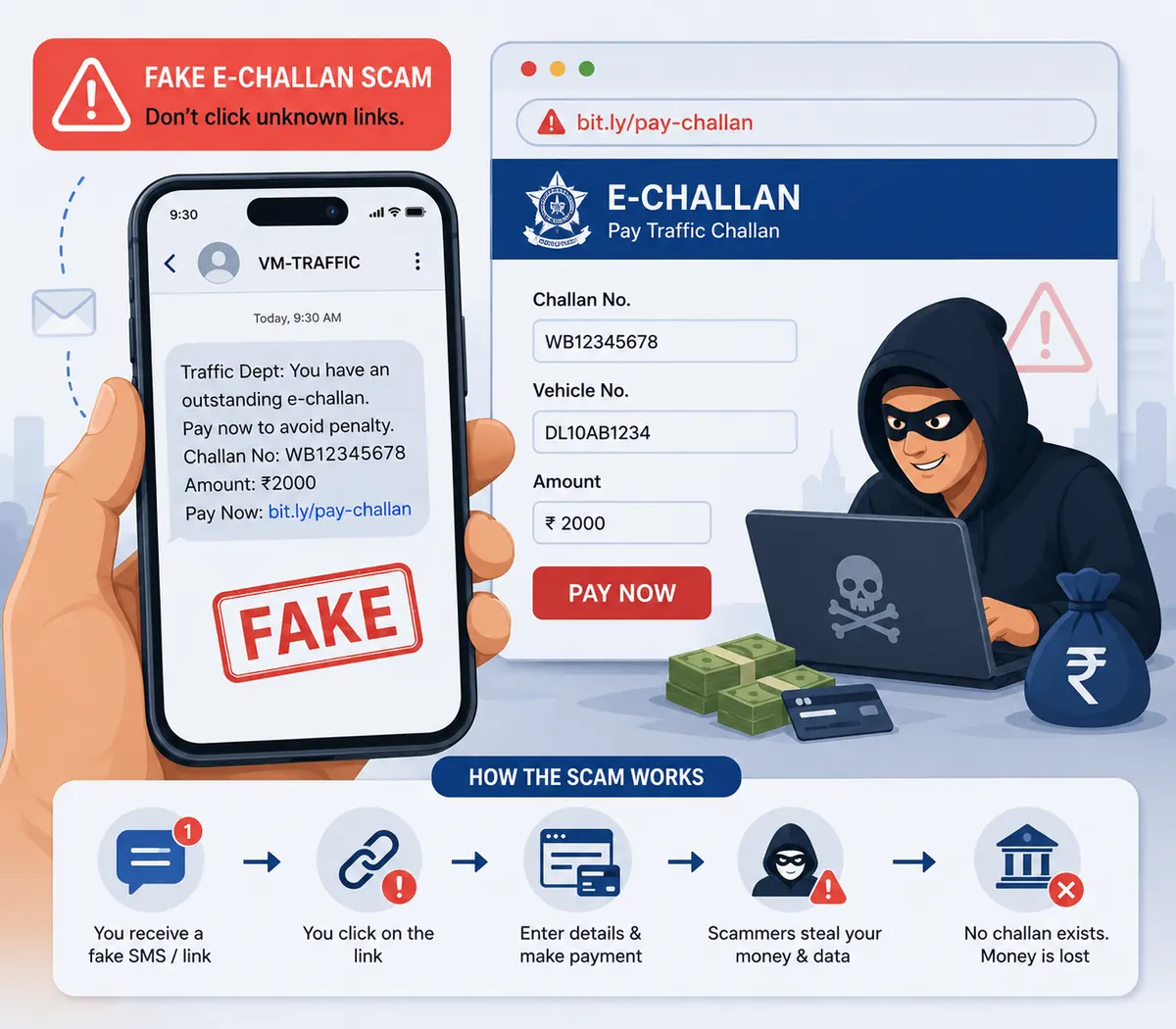 A fake traffic e-challan SMS with a shortened pay link and a lookalike challan page, and the sequence beneath it: fake SMS, click, enter details and pay, money and data stolen, no challan ever existed.