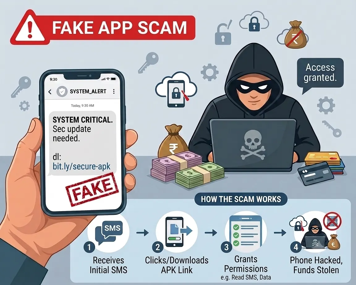 A fake "system critical, security update needed" SMS with an APK download link, and the sequence beneath it: SMS received, APK downloaded, permissions granted, phone hacked and funds stolen.