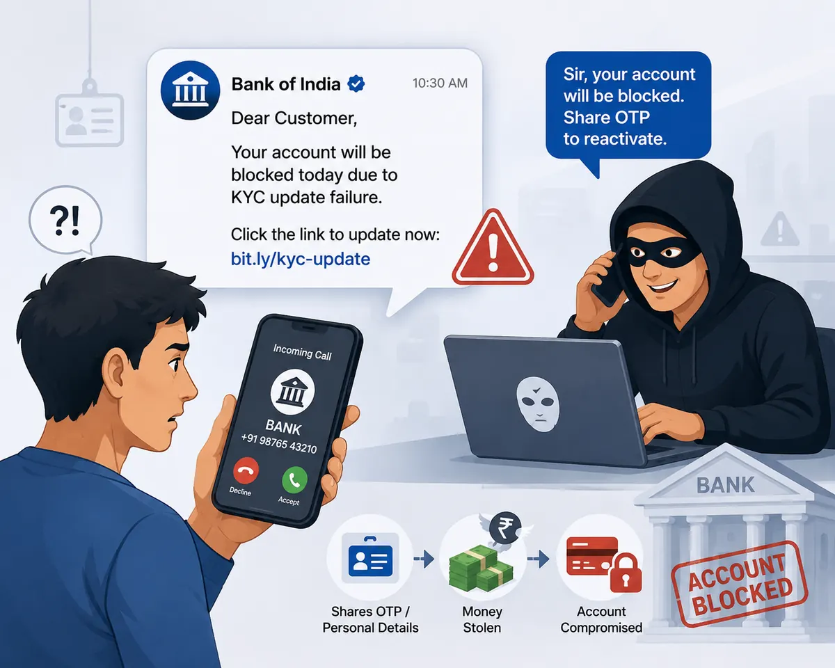 A fake bank message saying the account will be blocked today over KYC, followed by a caller asking for an OTP: then the sequence: OTP shared, money stolen, account blocked.