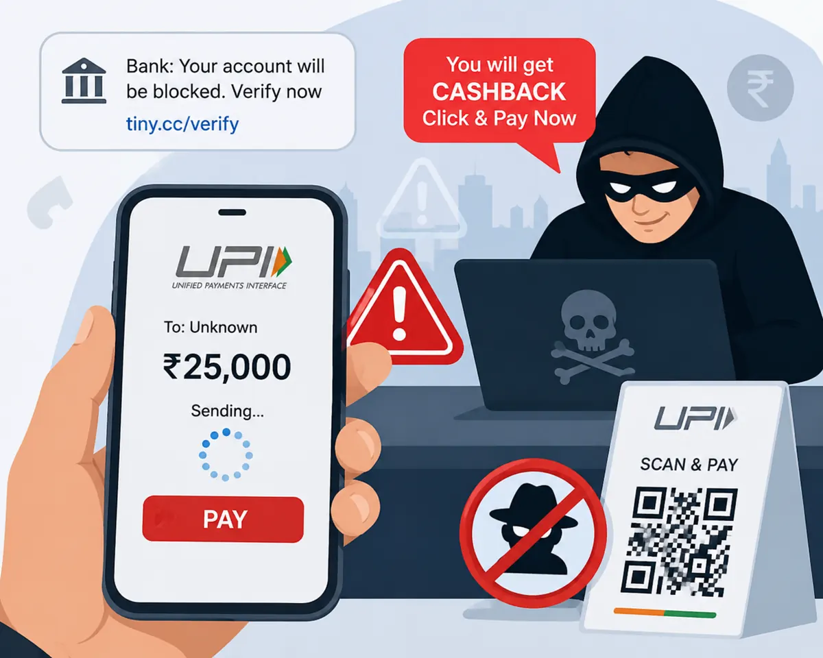 A phone sending ₹25,000 to an unknown UPI ID after a "verify now" bank message and a cashback promise, with the scammer waiting behind a fake scan-and-pay QR code.